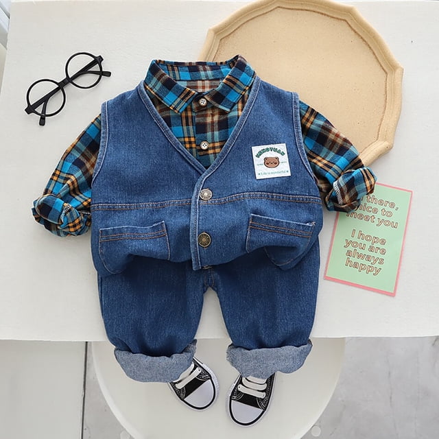 Conjuntos de ropa para niños Bebés Niños Primavera Otoño Ropa de mezclilla Conjunto lindo de tres piezas Chaleco de vaquero Abrigo Traje para niños Chaqueta + Top + Pantalones 4T (Tag120) Gao Jinjia LED