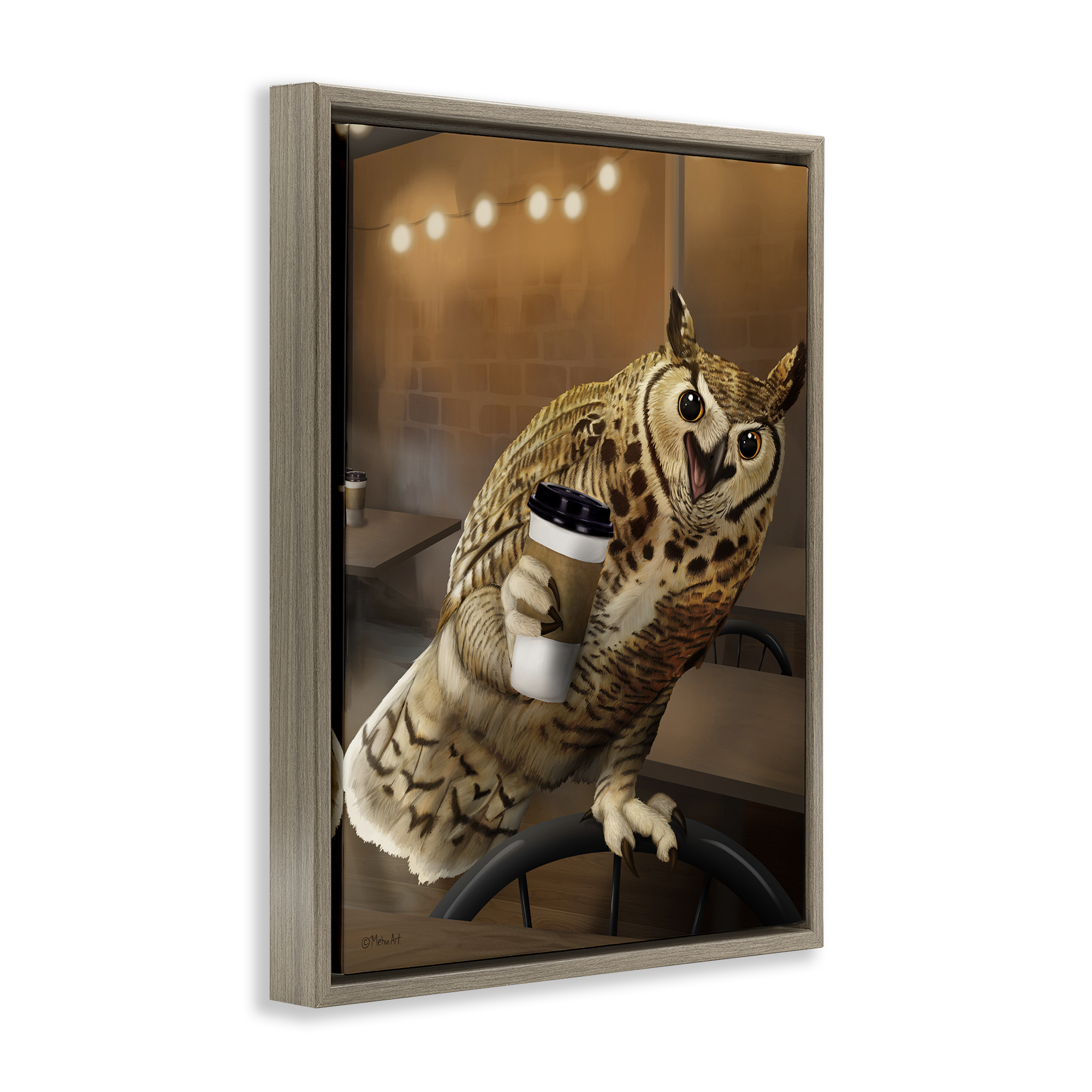 Stupell Industries Owl with Coffee Cup Food & Beverage Painting Brown Floater Framed Canvas Art Print Wall Art, 25 x 31