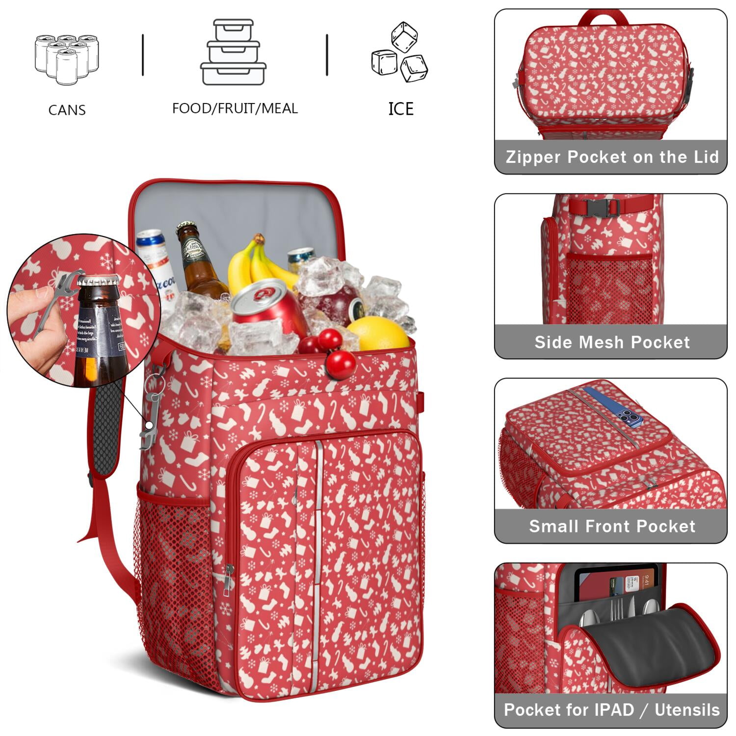 Travel Cooler Bag - Red Christmas Pattern Camping Beer Cooler Backpack with Bottle Opener- Waterproof Insulated Picnic Backpacks - Cooler Bag for Beach