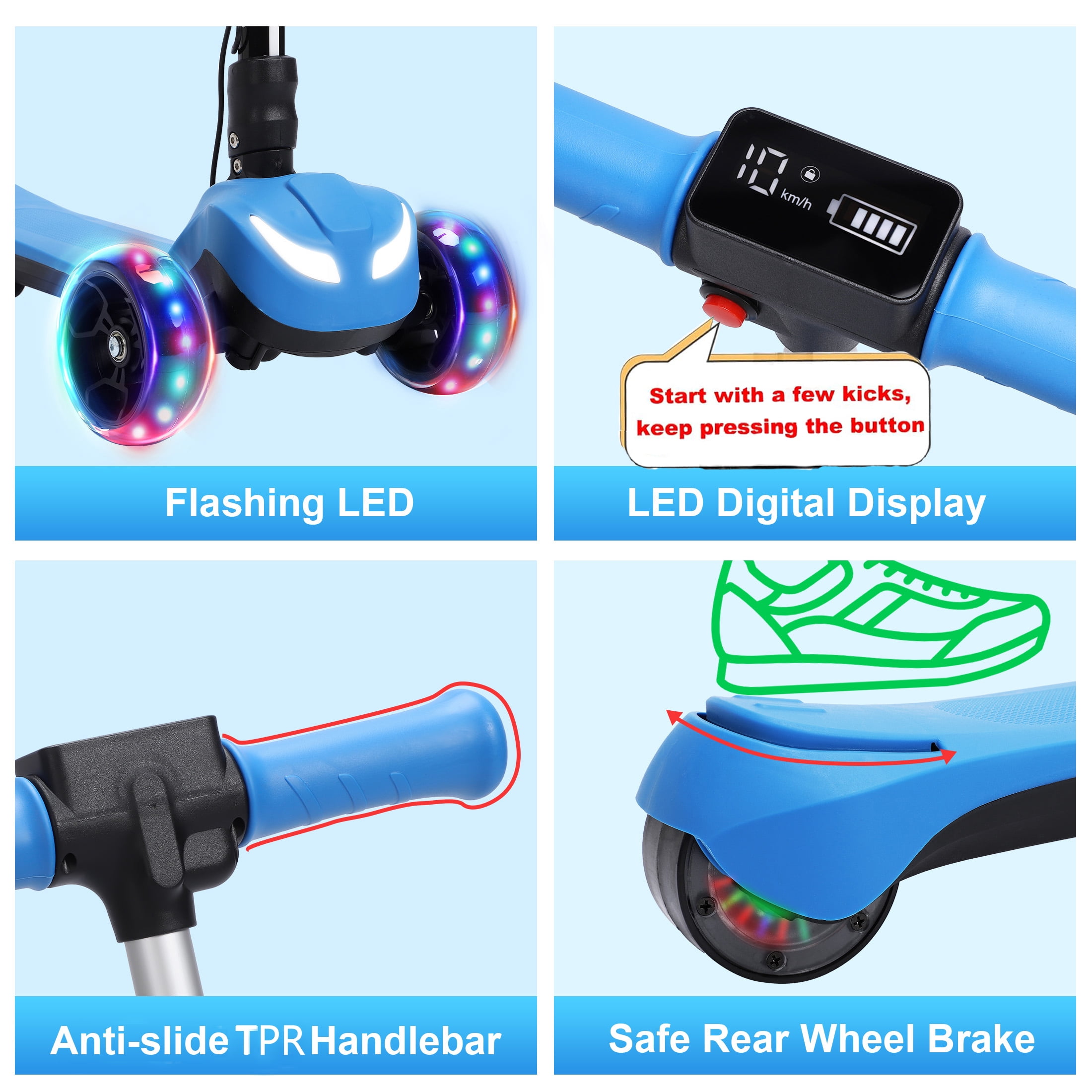 Skyhot Electric Scooter for Kids w/LCD Screen, 21V Battery & Powerful Motor, Premium Front Light and Wheel Lights/3 Adjustable Heights Scooter for Kid 4-8 Years, Thumb Throttle, Blue