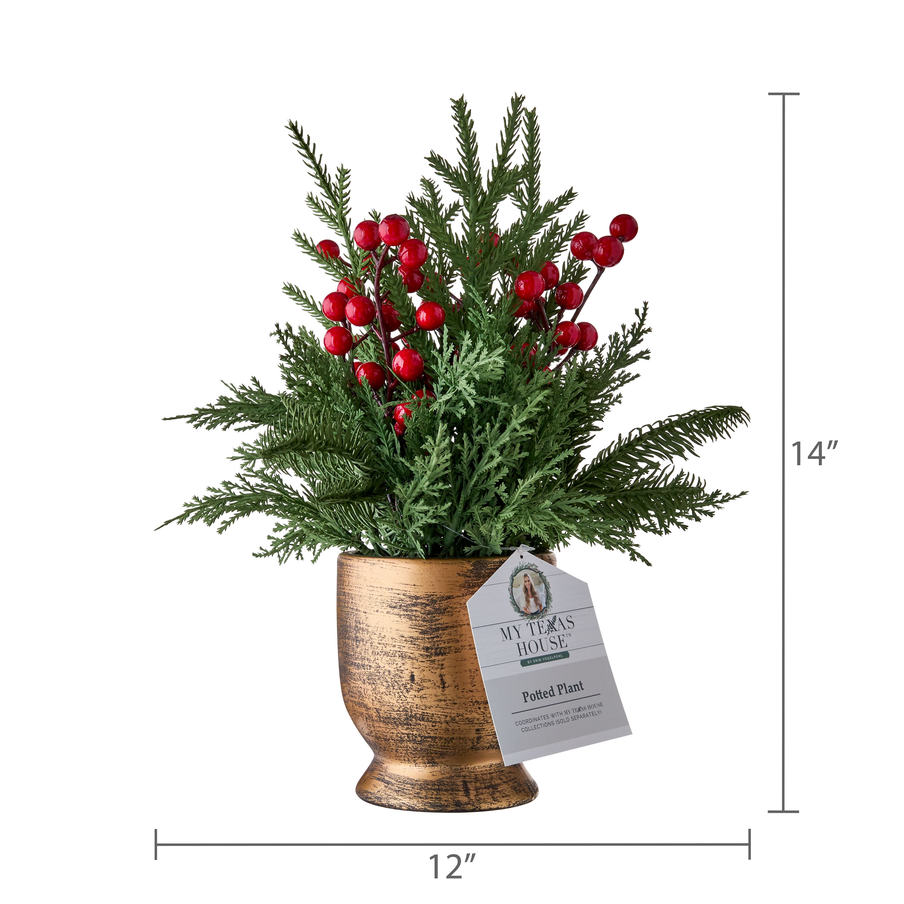 Berries and Pine Sprigs Arrangement Christmas Decoration, Red and Green, 12", by My Texas House