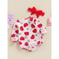 thumbnail image 3 of Faithtur Baby Girls Romper Set, Long Sleeve Crew Neck Heart Flower Print Romper with Hairband, 3 of 8