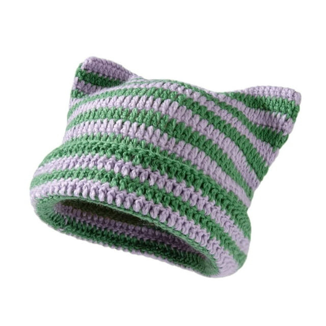 Qarigey Manténgase a la moda y cálido gorro tejido con orejas de gato para invierno, gorro tejido con orejas de gato, gorros tejidos Sombreros verde púrpura