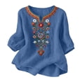 thumbnail image 2 of Qulqfy Embroidered Shirts for Women Fall 3/4 Sleeve Floral Casual Blue Tunic Comfy Cute Henley V-Neck Tshirts 3XL, 2 of 8