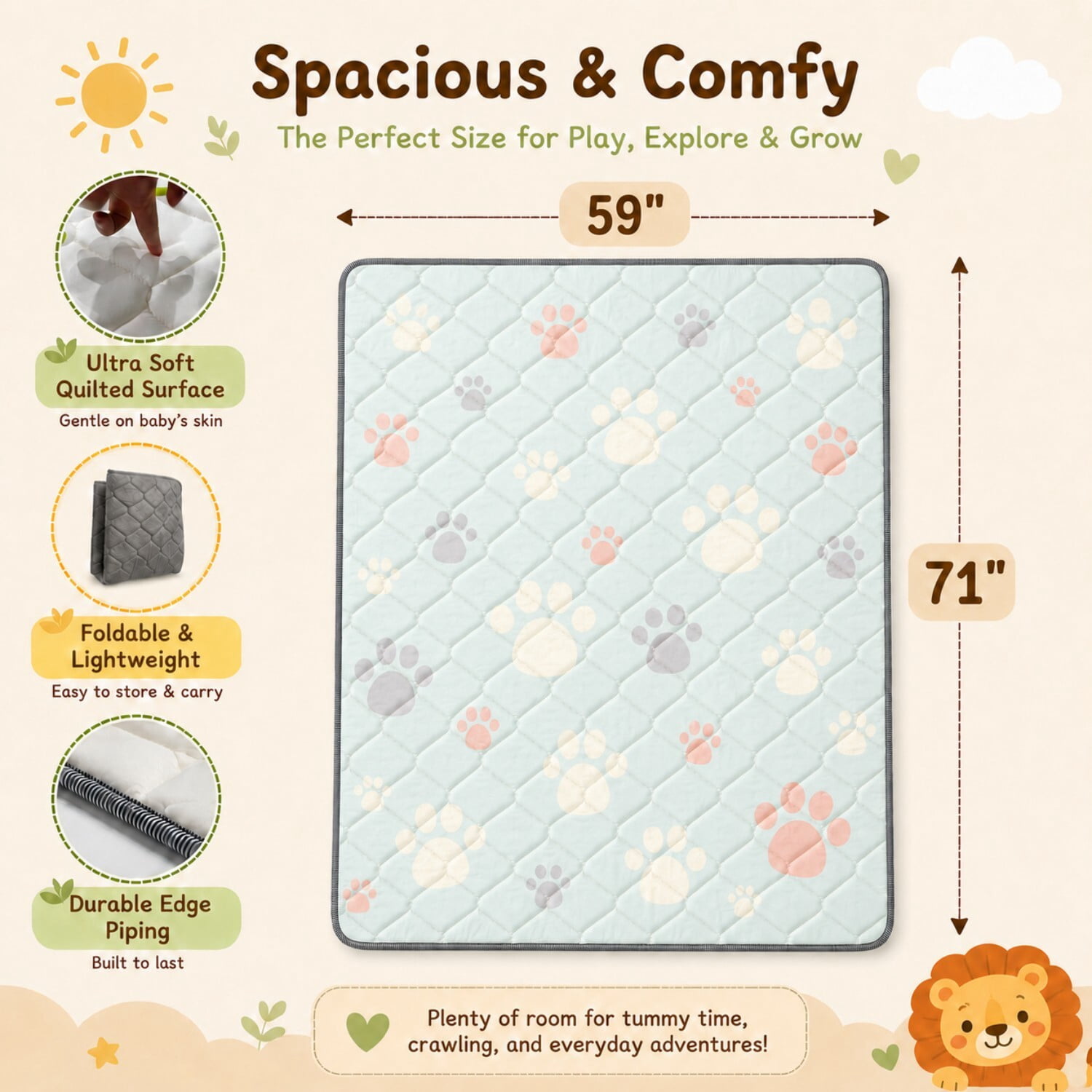 Easy4Home Large Foldable Baby Play Mat,71"x59" Non-Slip Thick Foam Crawling Mat Machine Washable Playpen Mat for Infants & Toddlers