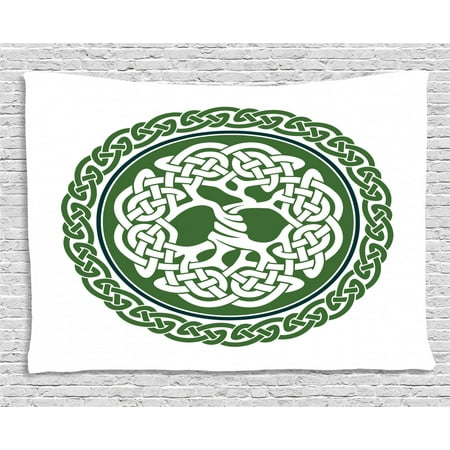 Celtic Tapestry, Illustration of Celtic Tree of Life on a Green Circle with Frieze, Wall Hanging for Bedroom Living Room Dorm Decor, 60W X 40L Inches, White Dark Teal Fern Green, by Ambesonne