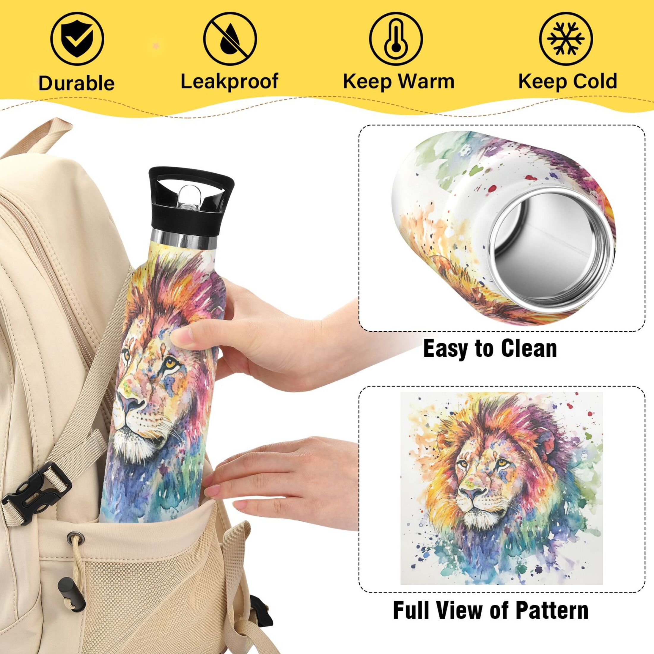 600ML Stainless Steel Insulated Cup Sports Water Bottle Portable Thermos Cup Water Glasses Insulated Tumblers Convenient and Durable Watercolor Beautiful Lion