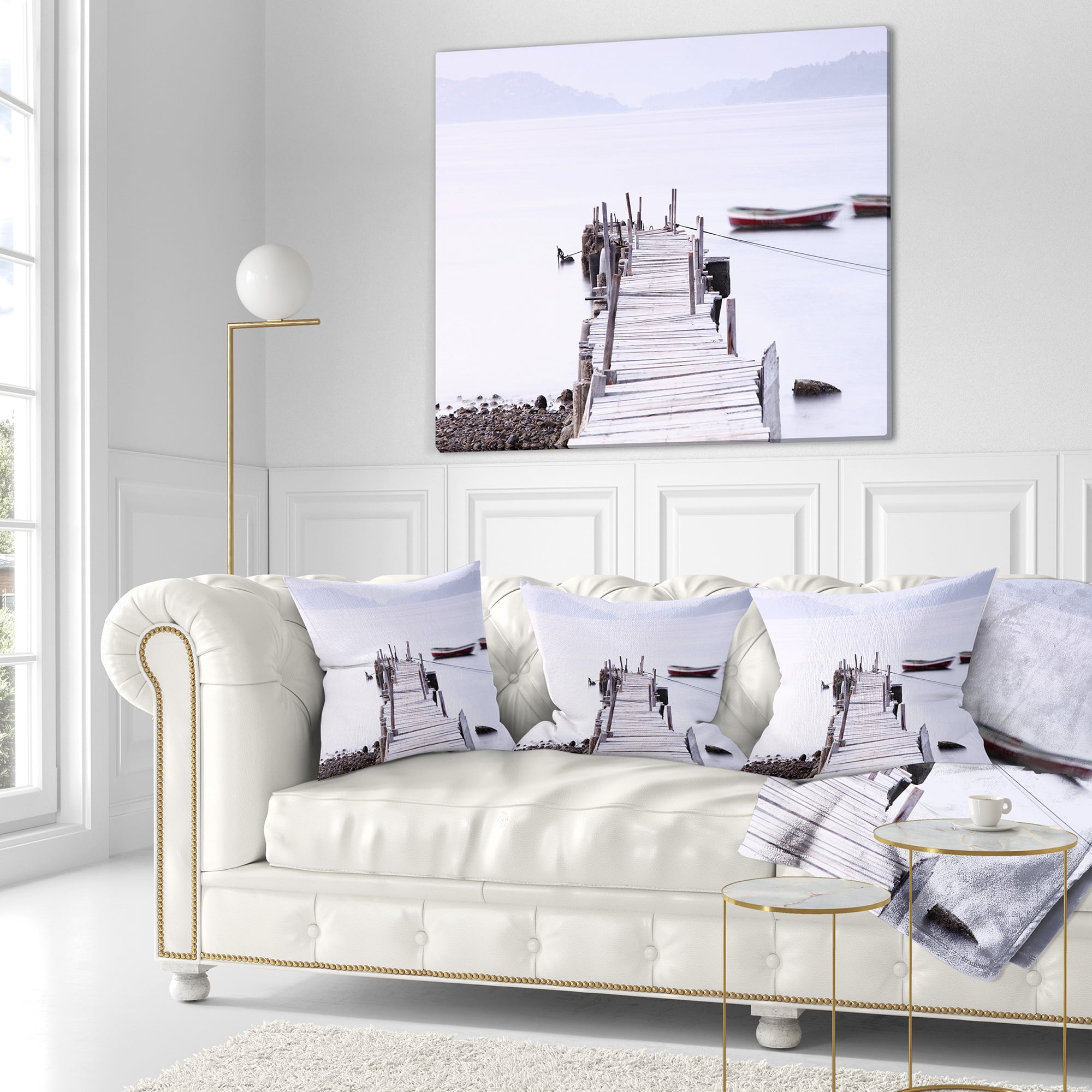 Designart Foggy Sea with Pier and Boats - Seascape Throw Pillow - 16x16