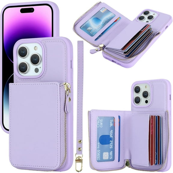 iPhone 14 pro max case Wallet Women, iPhone 14 pro max Phone case with Card Holder Credit Card with Ring Kickstand Zipper Stand Case for iPhone14promax - Lilac