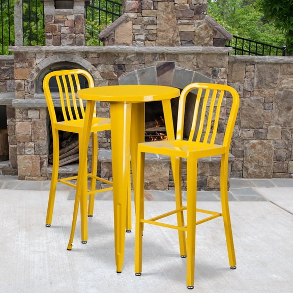 Emma   Oliver Commercial 24" Round Yellow Metal Bar Table Set-2 Vertical Slat Back Stools