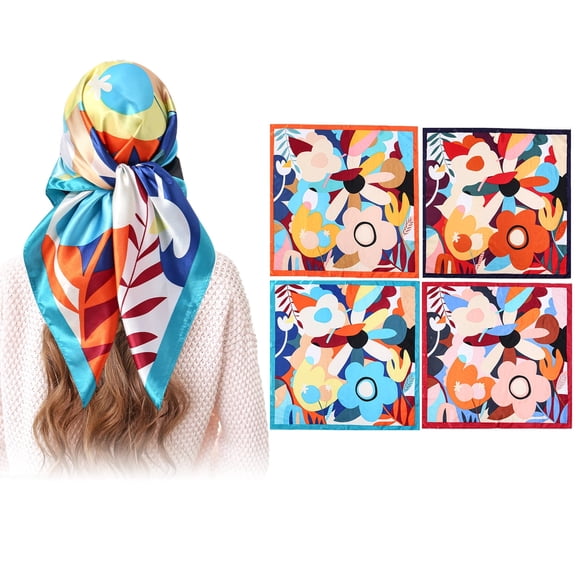 GIRACOA 4 PCS Large Satin Square Head Scarf for Women, 35" Silk Floral Hair Bandanas for Hair Wrapping & Handbag Accessory
