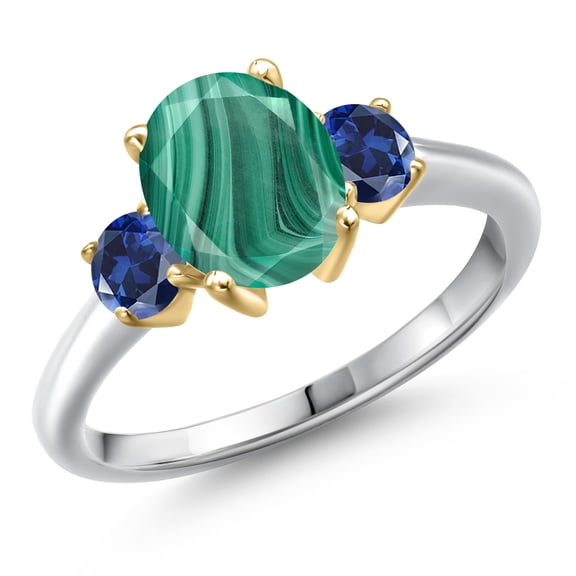Gem Stone King 925 Silver and 10K Yellow Gold Green Malachite and Blue Created Sapphire Engagement Ring for Women | 3.00 Cttw | Oval 9X7MM | Gemstone Birthstone | Size 6