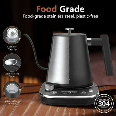 

Electric Gooseneck Kettle Electric Kettle with Heating Base with Buttons and LED Display Pure Stainless Steel Inner Electric Tea Kettle 1200W Fast Heating Pour Over Coffee Kettle 0.8L