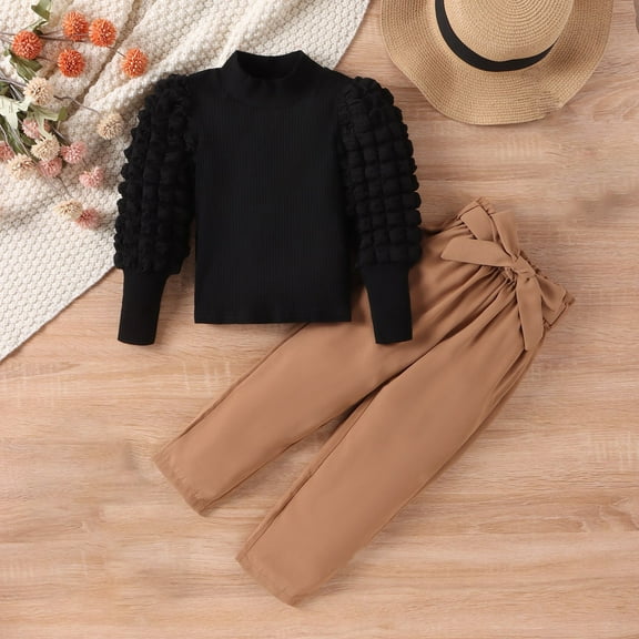 YWDJ High Neck Plaid Bubble Long Sleeve Top Solid Color Pants Set Suitable For Ages 4-7 Years Old Black 5Y