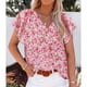 thumbnail image 2 of Blusas de mujer Casual Boho Estampado floral Cuello en V Manga corta Camisas sueltas elegantes Tops Rojo M, 2 of 5