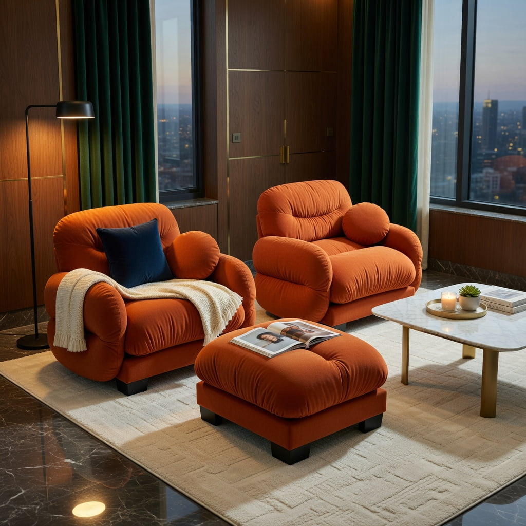 Hommoo Chenille 2-Seat L-Shaped Modular Sectional Sofa with Ottoman, Ergonomic High-Density Foam, Pleated Back Design & 2 Round Throw Pillows, Orange
