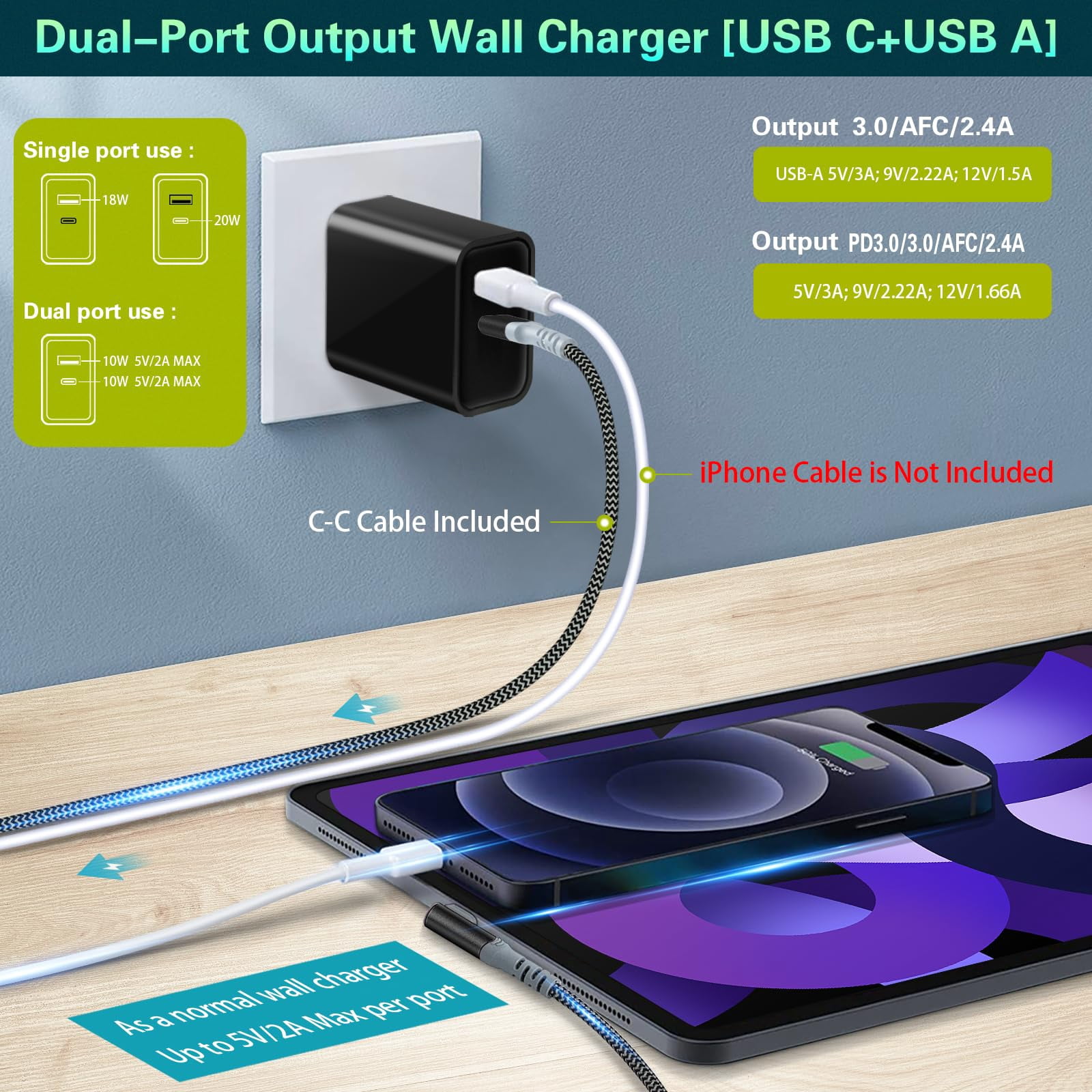 Quyaojz for 20W USB-C Fast Wall Charger, 2-Pack USB-C Power Adapter + 2X 10FT Right-Angle Type C to C Charge Cord Compatible with iPhone 15 16 Samsung Galaxy S22 Ultra S21 S20 S10 Pixel 6/5/4
