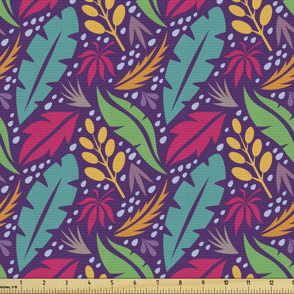 Botanical Fabric by the Yard, Natural Theme Colorful Illustration Leaves of Exotic Plants Abstract Art, Upholstery Fabric for Dining Chairs Home Decor Accents, Multicolor by Ambesonne