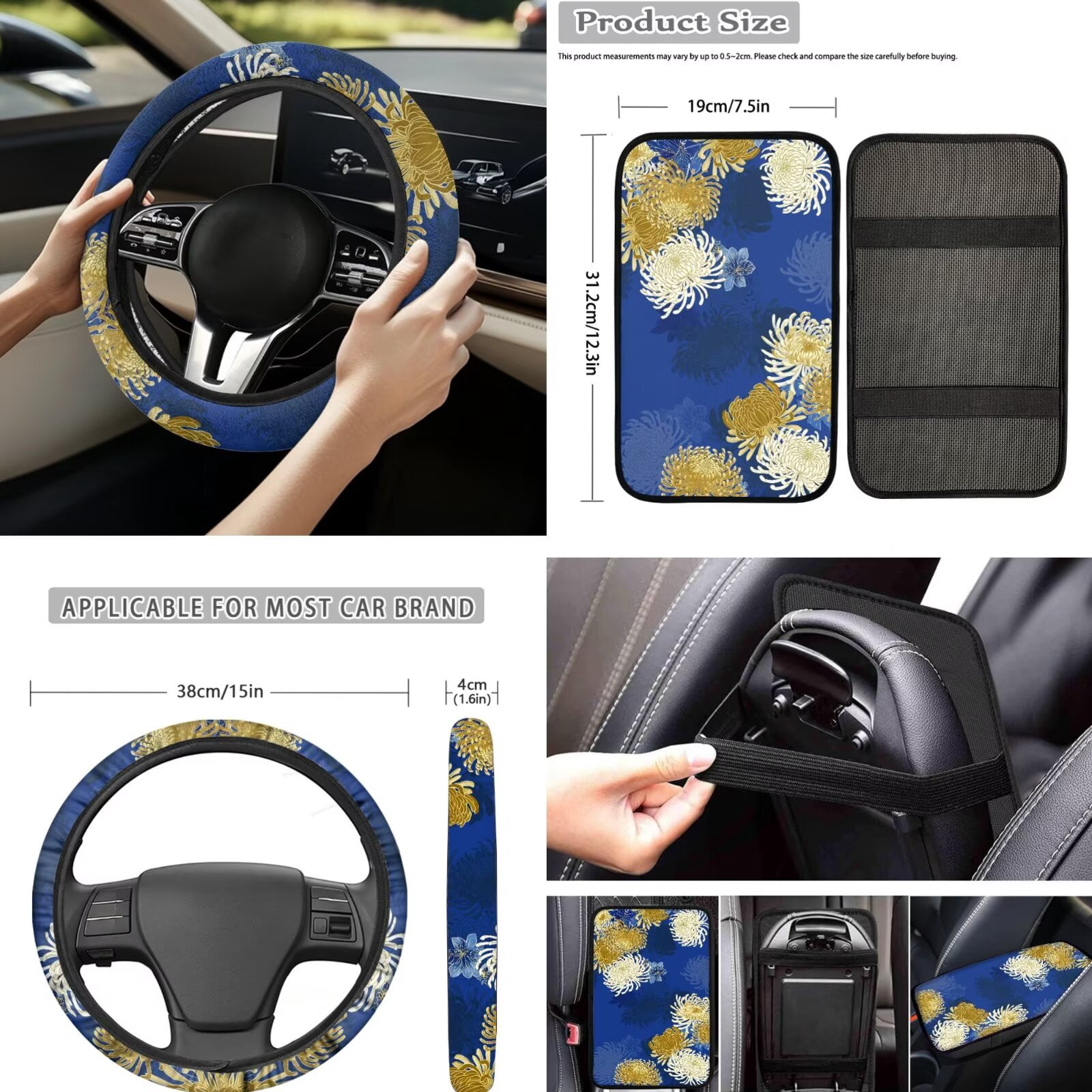 Chririnla Flower Pattern Car Seat Accessories 14 Pack Full Set Non-Slip Vehicle Front Back Seats Cushions Sets with Steering Wheel Cover, Armrest Mat, Keychain Car Interior Essentials