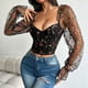 thumbnail image 3 of Top de moda para mujer con bordado de malla de retazos, top de manga larga de corte bajo, top de poliéster para mujer, 3 of 6