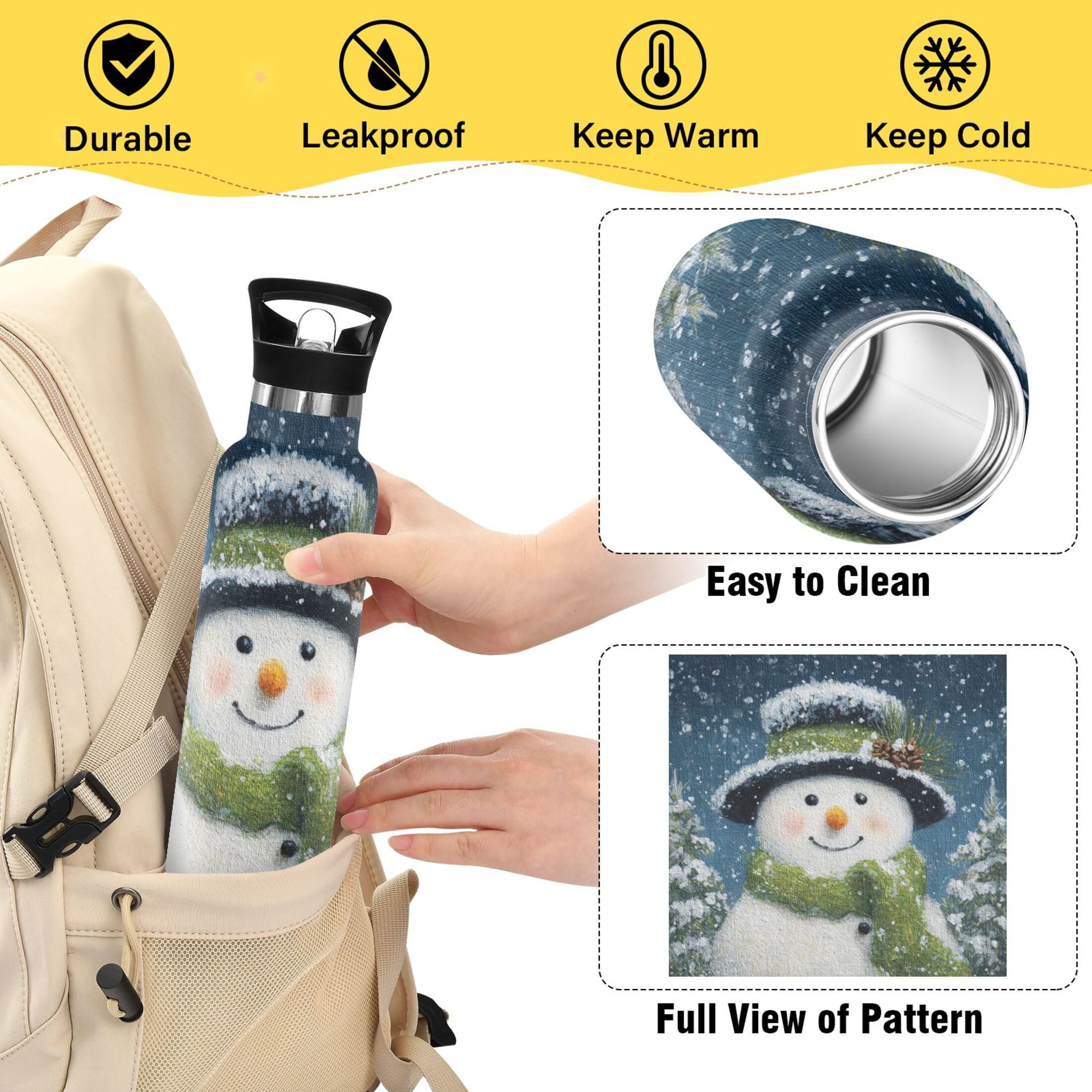 600ML Stainless Steel Insulated Cup Sports Water Bottle Portable Thermos Cup Water Glasses Insulated Tumblers Convenient and Durable Cute Green Christmas Snowman