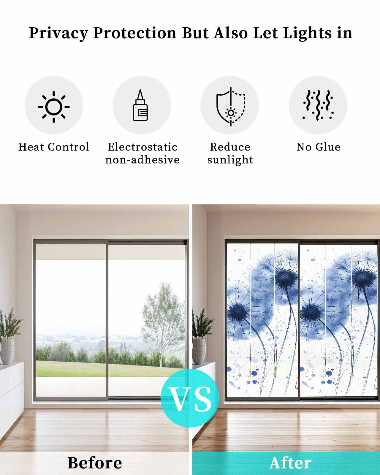 Window Privacy Film Blue Dandelion Stained Glass Window Film Decorative Sun Block Window Cover Contemporary Simple Watercolor Floral Window Clings Static Adhesive Sticker for Bathroom 23.6"x59"