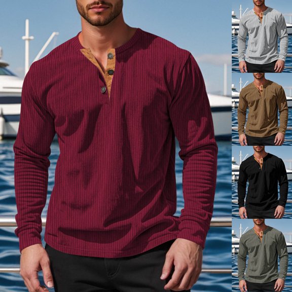 Mens Henley Shirts Solid Lightweight Workout T-Shirt Gym Tee V Neck Long Sleeve With Button Black S