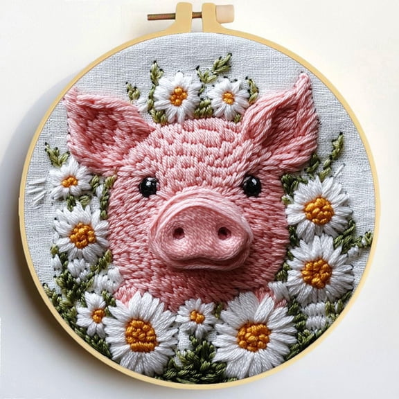 Punch Needle Kits Pig in Daisy Flowers Embroidery Starter Set with Hoop Easy for Beginners DIY Stress Relief Handmade Craft Hobby and Home Decor 20x20cm