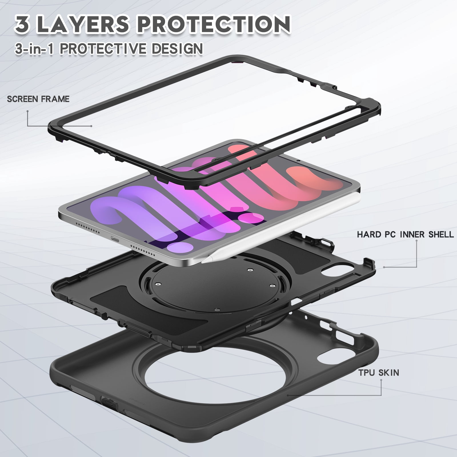 Portable Rugged Case for 2021 Apple iPad Mini 8.3-Inch (6th Generation 2021 Release) - Rotating Stand Handle Case, Built-in Pencil Holder, Lightweight Shockproof Hard Silicone/Plastic Cover (Black)
