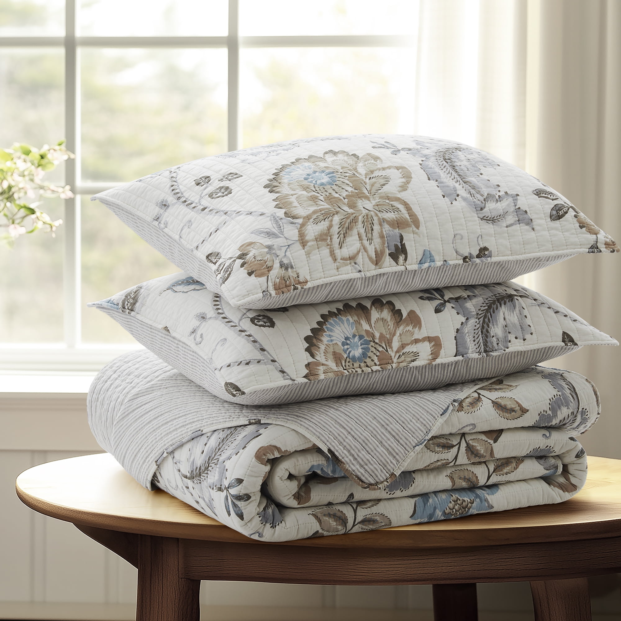 Levtex Home - Maileen Neutral Blue Quilt Set - King Quilt and Two King Shams - Floral - Taupe Blue and Cream - Quilt (106x92in.) and Shams (20x36in.) - Reversible - Cotton