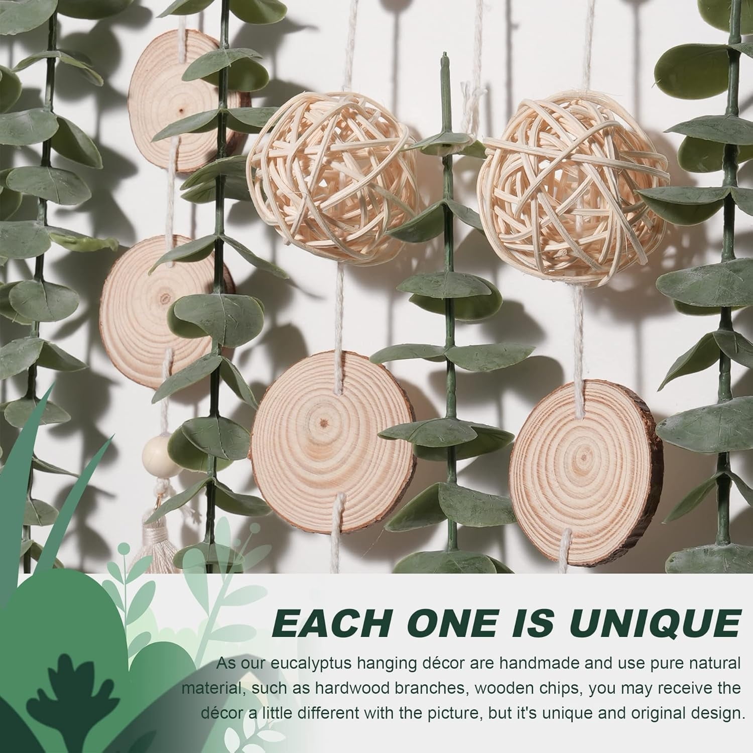 Artificial Eucalyptus Decor Boho Wall Decor Fake Eucalyptus Farmhouse Wall Hanging Greenery Vines Leaves Wall Hanging Plants on 16.5 inch Wooden Stick with Wicker Ball for Bedroom Nursery Kitchen