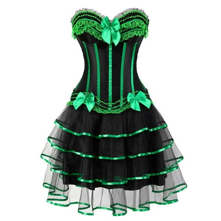 Mrat Womens Medieval Dress Vintage Puffy Skirt Set Goth Dress Sleeveless Corset Cosplay Costume Pleated Dress High-Low Lace Hem Lace Bow Tie Ball Gown Layered Dresses Gothic Dress Green 3XL