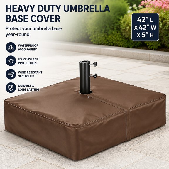 Patio Umbrella Base Cover, Heavy Duty 600D Waterproof UV Resistant Square Umbrella Stand Cover 42" x 42" x 5" Brown