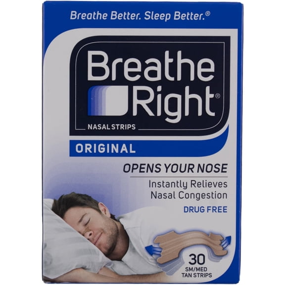 Breathe Right Original Nasal Strips, Tan, Small and Medium, 30 Ct (2 pack)