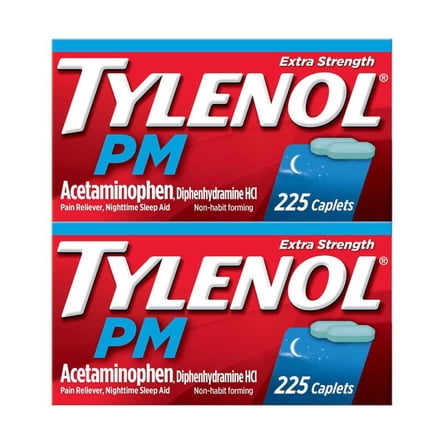 2 Pack | Tylenol PM Extra Strength Acetaminophen 500 mg Pain Reliever & Sleep Aid, 225 Caplets