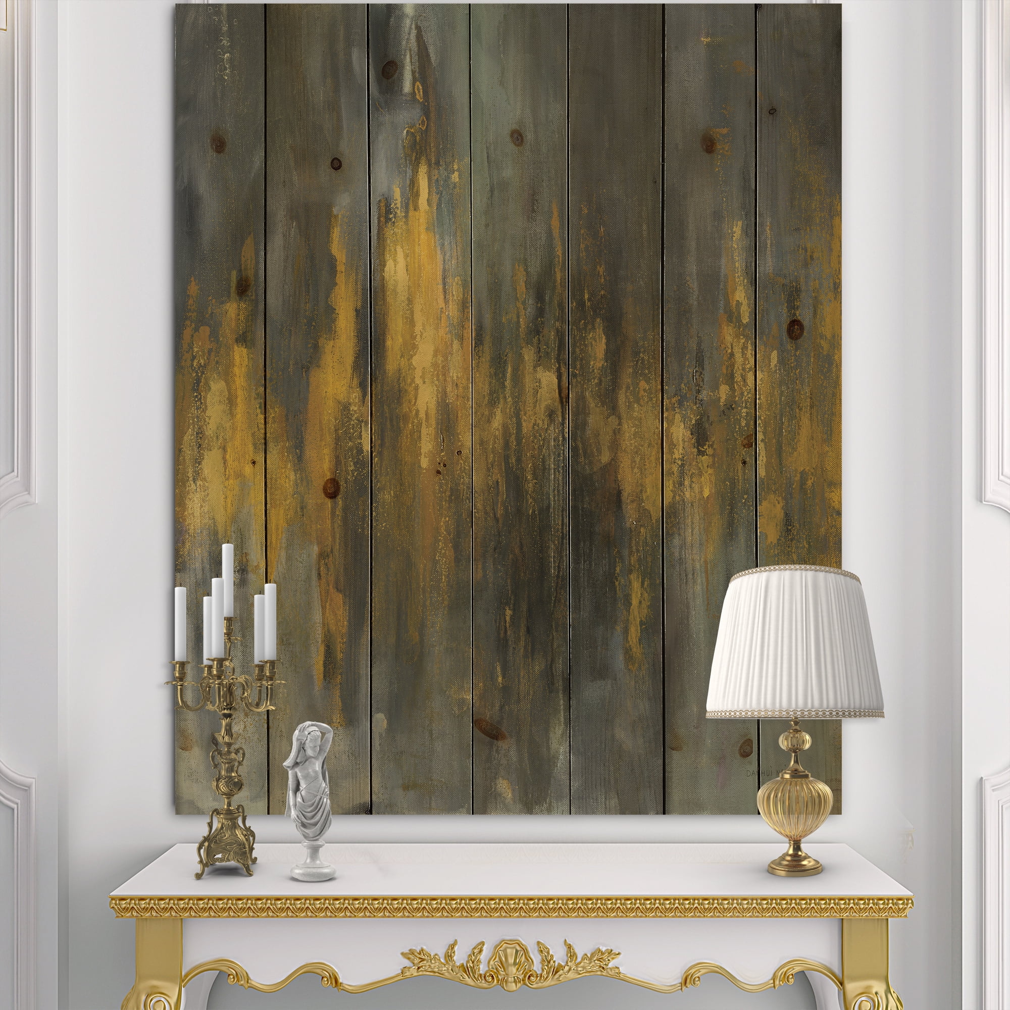 Designart 'Gold and Black Glam Abstract' Modern & Contemporary Print on Natural Pine Wood