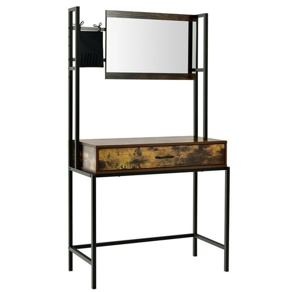 Gymax Industrial Vanity Table with 3-Height Adjustable Mirror Storage Bag Large Drawer