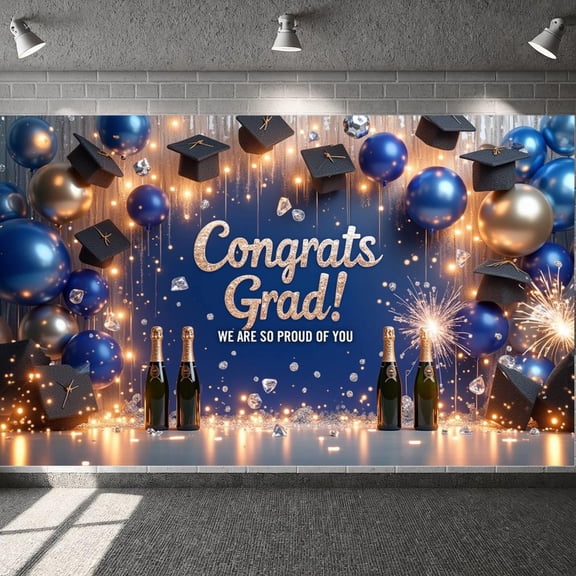 Glittery Text Congrats Grad Banner Blue & Gold Theme Graduation Backdrop Sparkling Firework Champagne Bottle Graduation Display for Graduation Party College Graduation Indoor Celebration