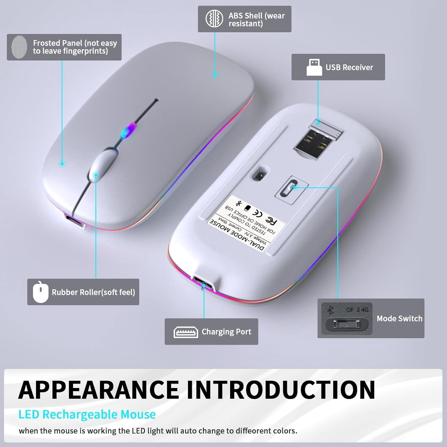 Wireless Bluetooth Mouse – Rechargeable, Silent, Dual Mode (Bluetooth 5.2 & USB) with LED Lights – Portable for Laptop, Desktop, & Tablet(Black)