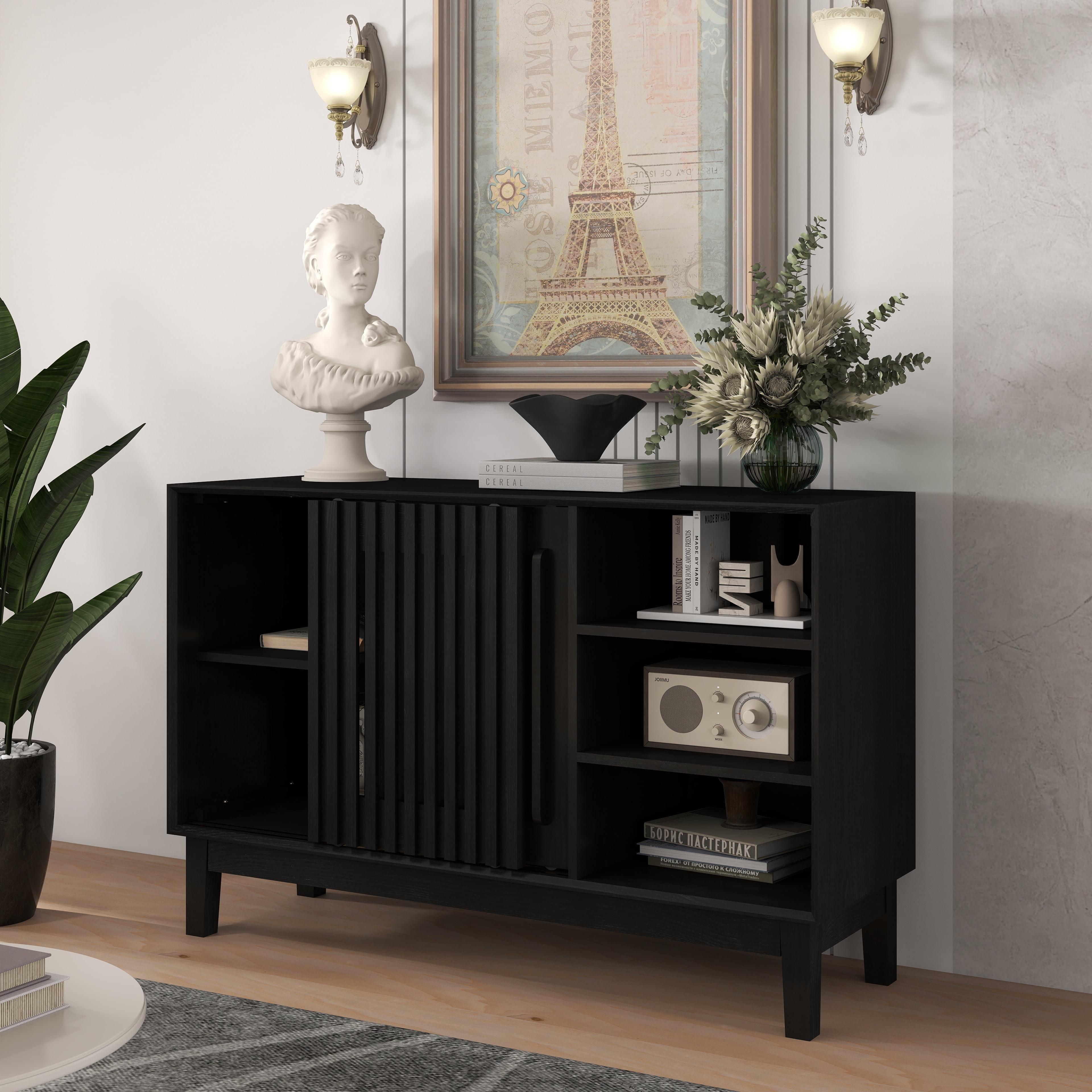 47.3" Sideboard Buffet Cabinet with Storage, Farmhouse Fluted Sideboard with 2 Doors & Solid Wood Feet, TV Media Console, Storage Cabinet for Kitchen Dining Living Room Entryway Hallway, Black