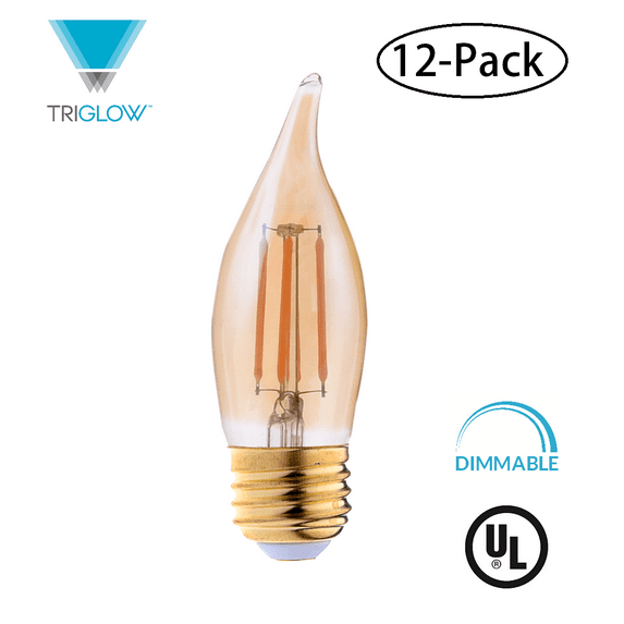 TriGlow (12-Pack) LED 4.5 Watt (40W Equivalent), Flame Tip Amber Glass Bulb, DIMMABLE 2200K (Amber color), 350 Lumens, E26 Medium Base, Amber Traditional LED Light Bulbs