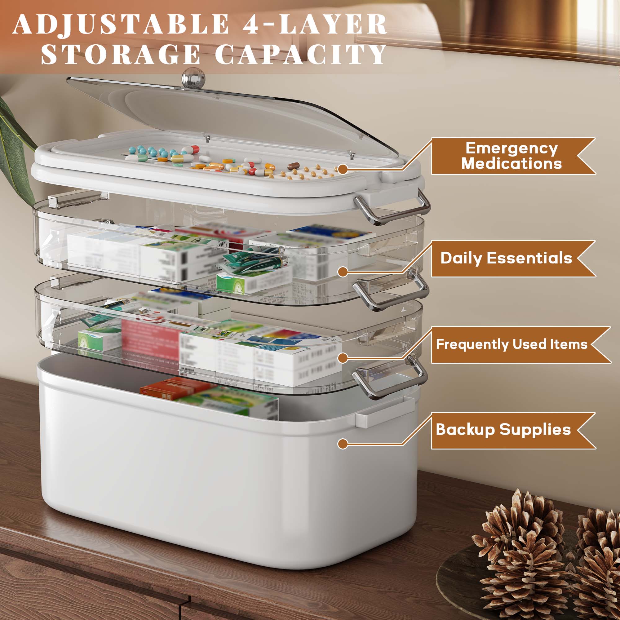 NiHome Home & Travel 4-Tier Medicine Storage Box with Portable Pill Case, Durable Adjustable Compartments, Moisture-Resistant Lid, Secure Handles for Pill Organization, Vitamins, Supplements (White)