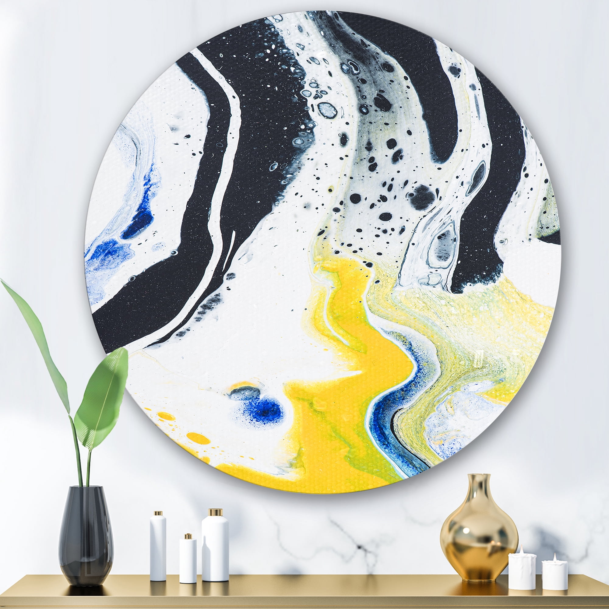Designart 'Abstract Marble Composition In Blue and Yellow IV' Modern Circle Metal Wall Art 36x36 - Disc of 36