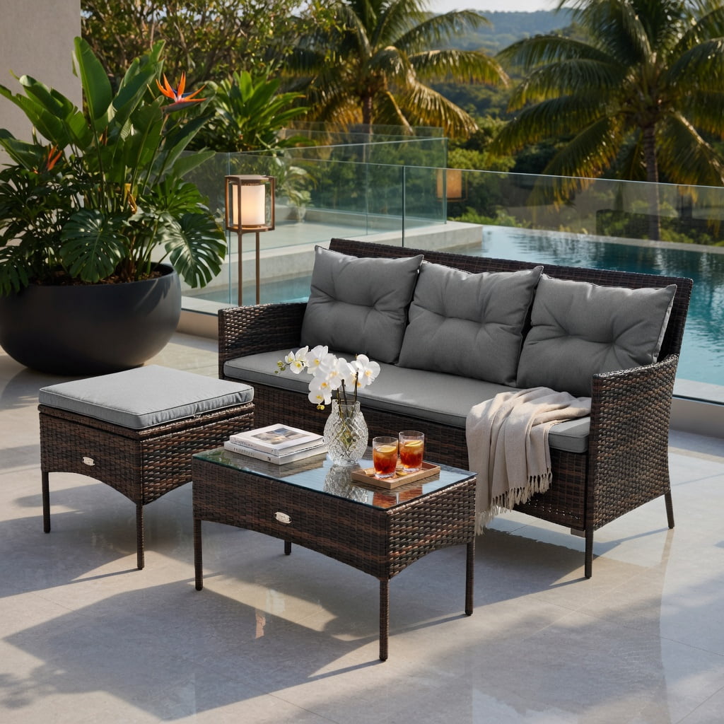 Hommoo 3-Piece Modern Outdoor Patio Sectional Set with Steel Frame, All-Weather Rattan Sofa, Ottoman & Tempered Glass Coffee Table, Includes 5 Cushions, Gray