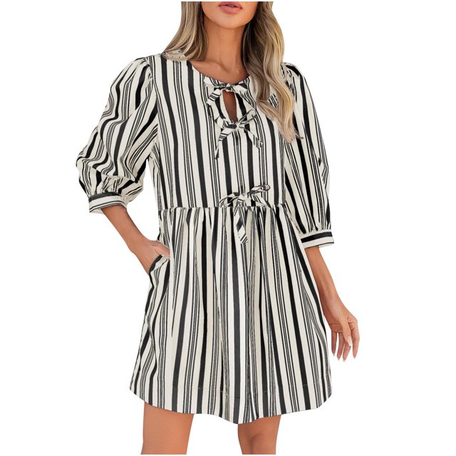 Ovzne Robes d'Été pour Femmes 2025 Robe Femmes Robe Mini Manches 3/4 d'Été Décontractée Nœud Papillon Col Rond Rayée Ample Fluide Plage Grande Taille Maxi Robe Liquidation
