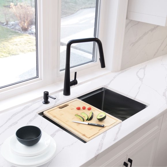 Stylish Undermount 25” Graphite Black Single Bowl Kitchen Sink with 4 accs S-612WN