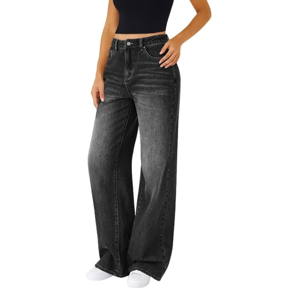 Women's High Waisted Straight Leg Jeans, Baggy Relaxed Fit Denim Pants, Classic Five Pocket Everyday Casual Jeans for Streetwear, Daily Wear and Versatile Outfits Black L