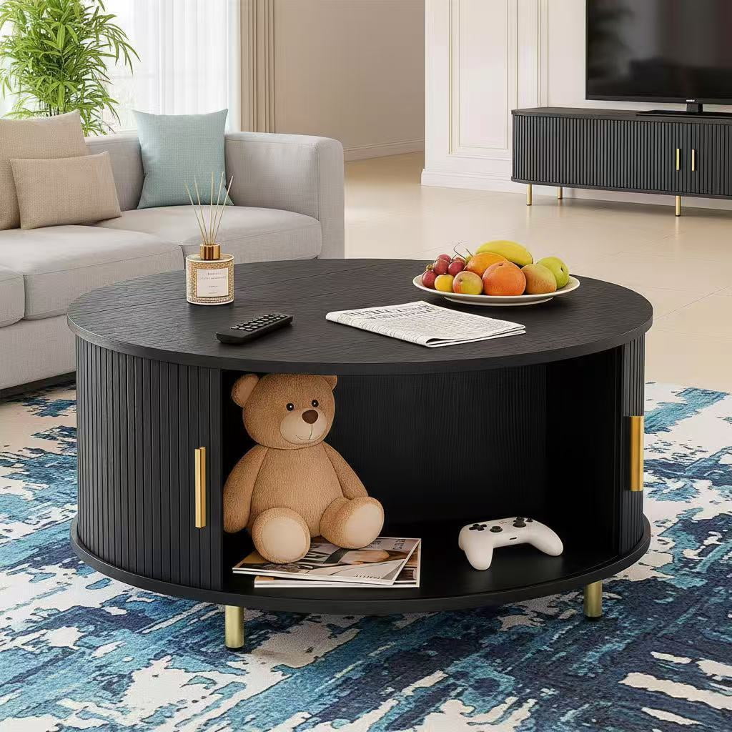 AISWORD Round Coffee Table with 360° Sliding Door, Fluted Accent Coffee Table with Storage Adjustable Footpads for Living Room, Black