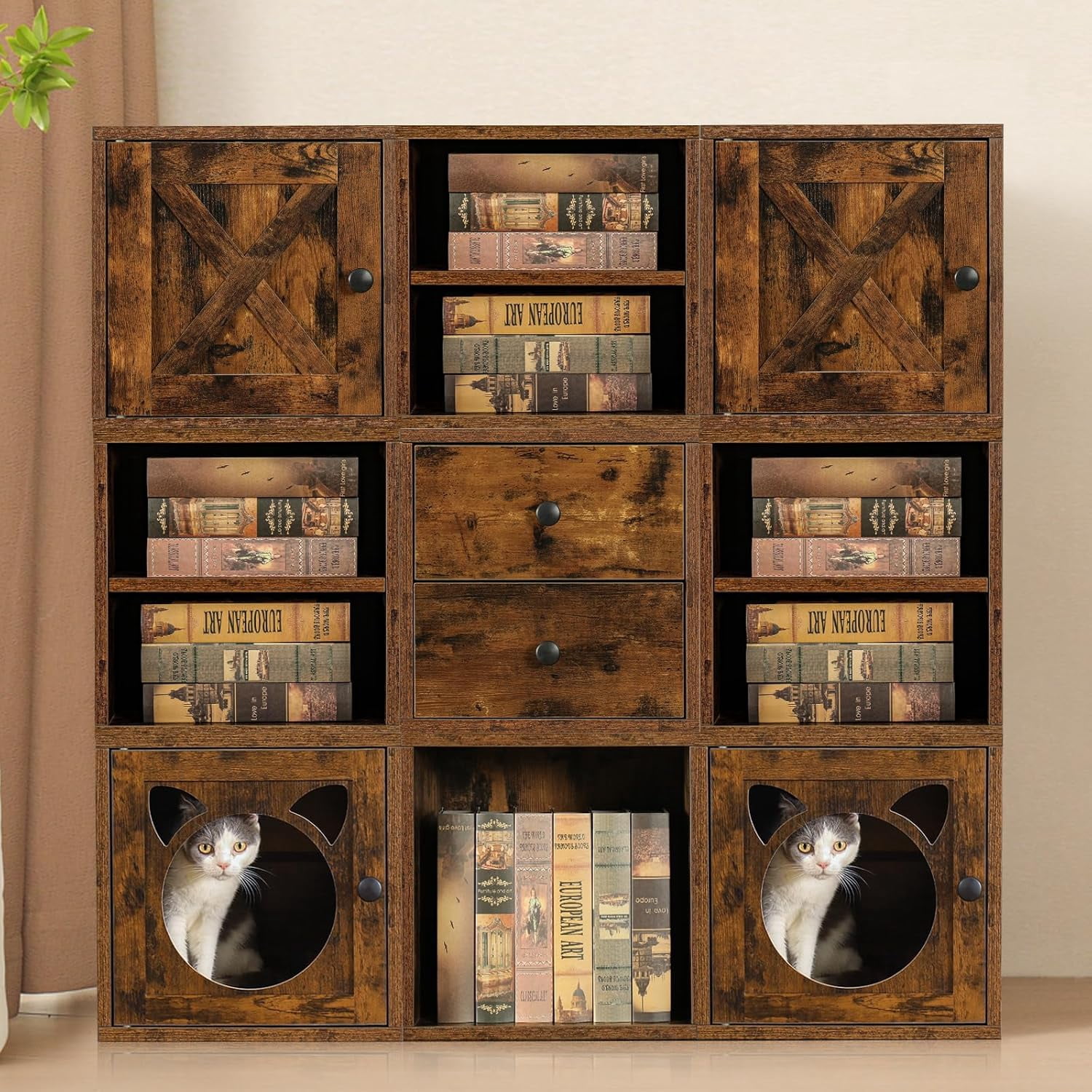 Magic DIY Cube Storage Organizer Stackable Cubes for Home Books Clothes Toy -Modular Cubby Storage System -Closet Organizer -Bookcase Closet(Antique Brown,Cat Door Cube)