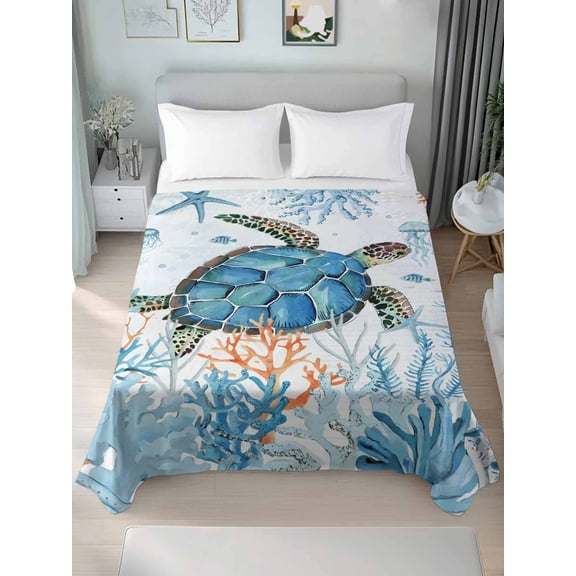 Turtle Queen Size Flat Sheet, Wrinkleproof & Fadeproof Cooling Flat Bed Sheet Only, Blue Coastal Starfish Ocean Coral Nautical Breathable Soft Bedding Top Sheets 90 x 102 Inches